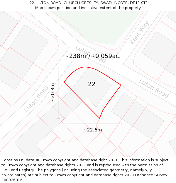 22, LUTON ROAD, CHURCH GRESLEY, SWADLINCOTE, DE11 9TF: Plot and title map