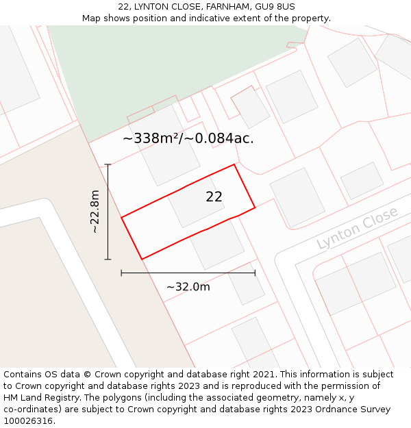 22, LYNTON CLOSE, FARNHAM, GU9 8US: Plot and title map