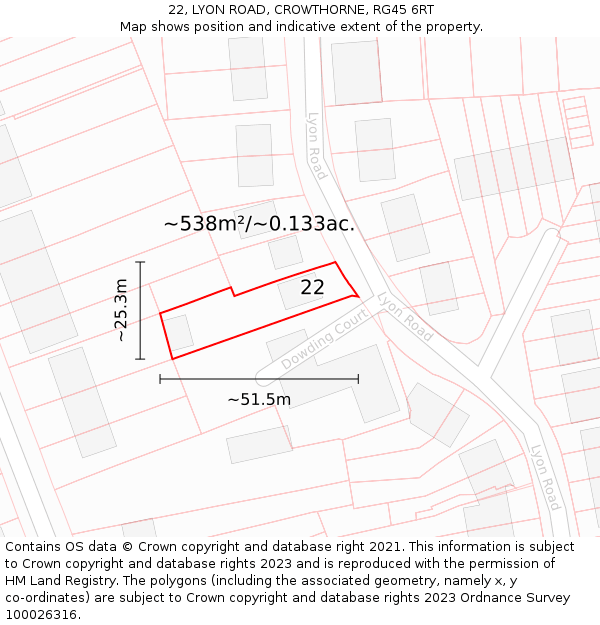 22, LYON ROAD, CROWTHORNE, RG45 6RT: Plot and title map