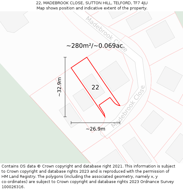 22, MADEBROOK CLOSE, SUTTON HILL, TELFORD, TF7 4JU: Plot and title map