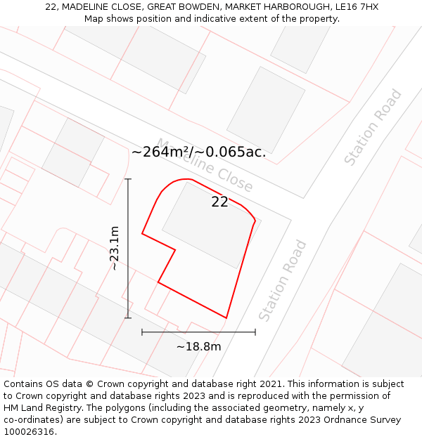 22, MADELINE CLOSE, GREAT BOWDEN, MARKET HARBOROUGH, LE16 7HX: Plot and title map
