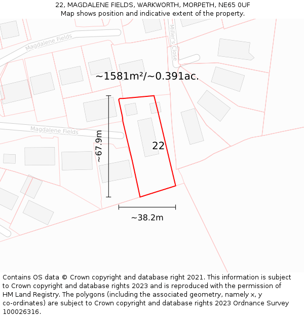 22, MAGDALENE FIELDS, WARKWORTH, MORPETH, NE65 0UF: Plot and title map