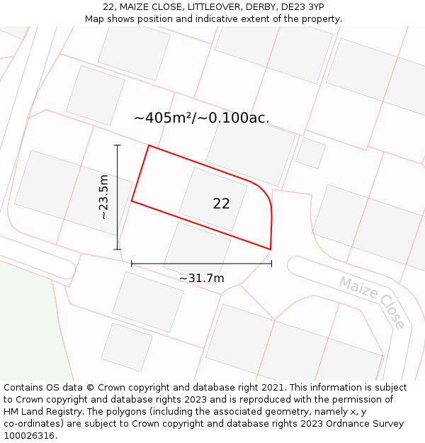22, MAIZE CLOSE, LITTLEOVER, DERBY, DE23 3YP: Plot and title map