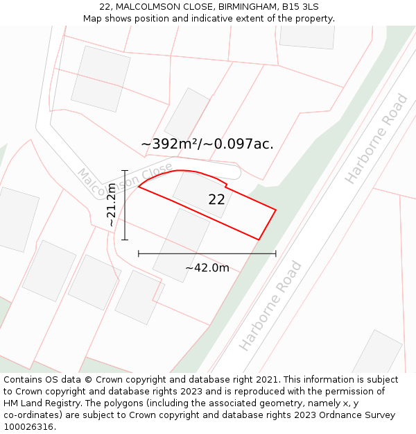22, MALCOLMSON CLOSE, BIRMINGHAM, B15 3LS: Plot and title map