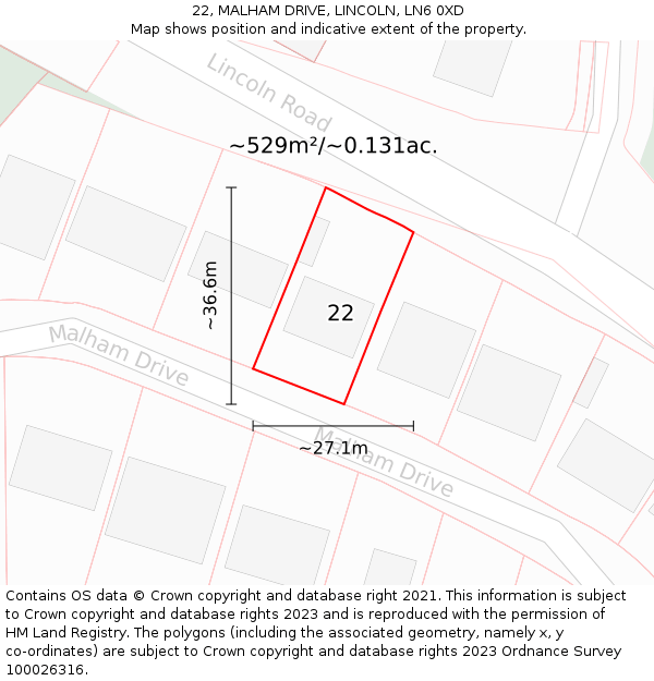 22, MALHAM DRIVE, LINCOLN, LN6 0XD: Plot and title map