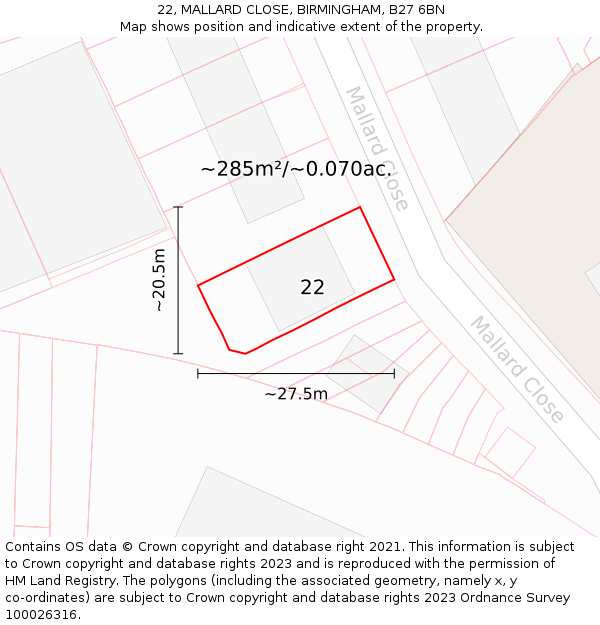 22, MALLARD CLOSE, BIRMINGHAM, B27 6BN: Plot and title map