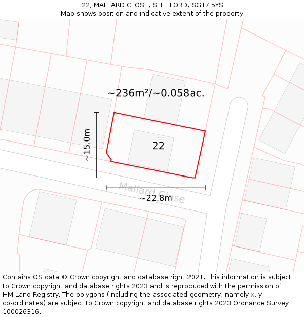 22, MALLARD CLOSE, SHEFFORD, SG17 5YS: Plot and title map