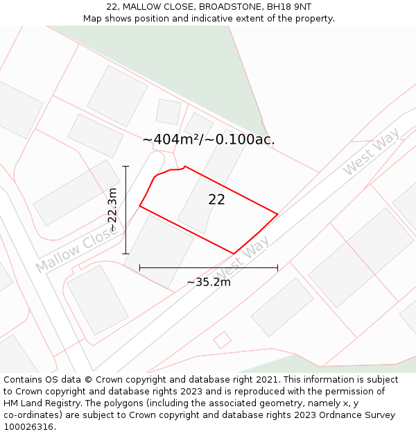 22, MALLOW CLOSE, BROADSTONE, BH18 9NT: Plot and title map