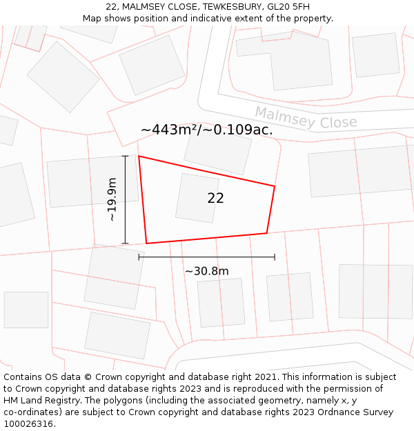 22, MALMSEY CLOSE, TEWKESBURY, GL20 5FH: Plot and title map