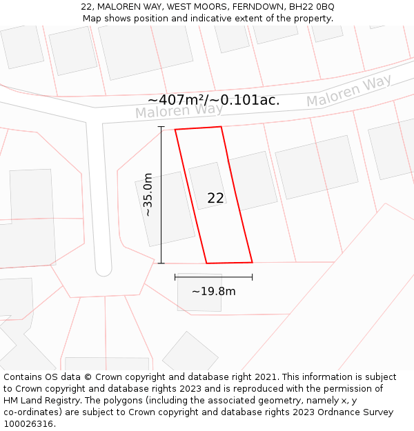 22, MALOREN WAY, WEST MOORS, FERNDOWN, BH22 0BQ: Plot and title map