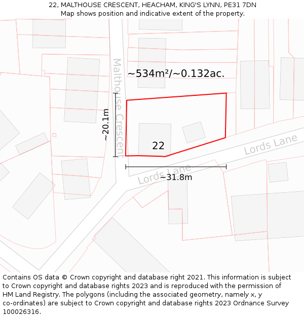 22, MALTHOUSE CRESCENT, HEACHAM, KING'S LYNN, PE31 7DN: Plot and title map