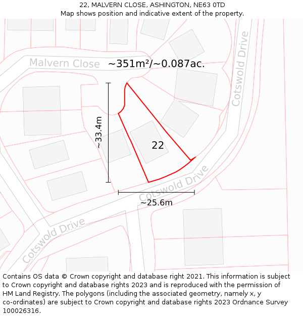 22, MALVERN CLOSE, ASHINGTON, NE63 0TD: Plot and title map