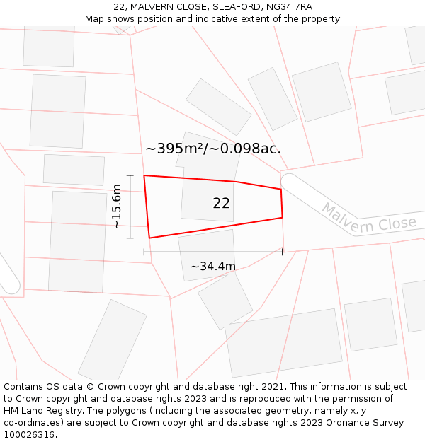22, MALVERN CLOSE, SLEAFORD, NG34 7RA: Plot and title map