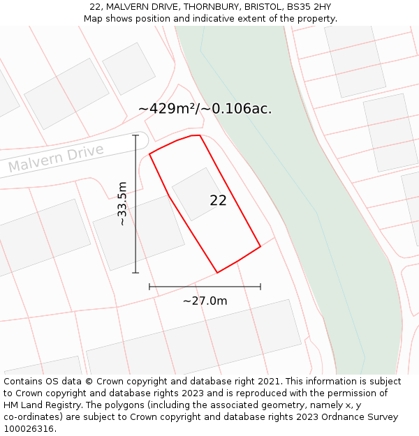 22, MALVERN DRIVE, THORNBURY, BRISTOL, BS35 2HY: Plot and title map
