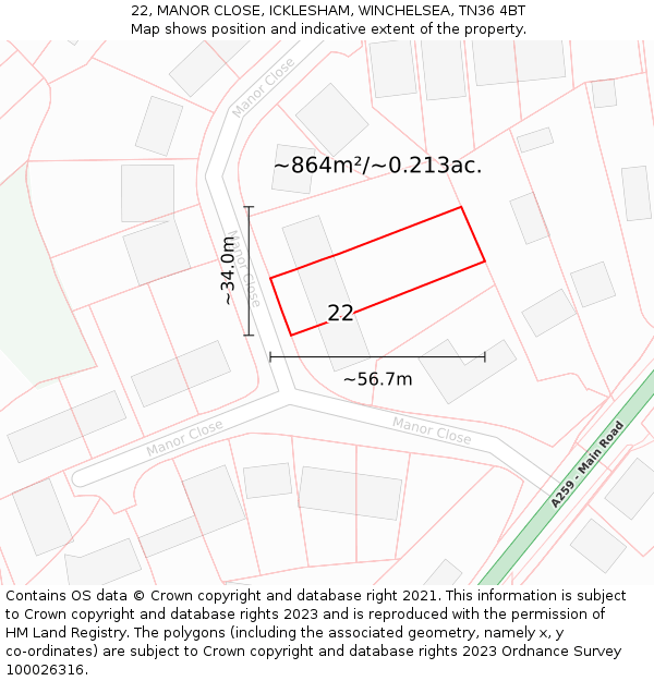 22, MANOR CLOSE, ICKLESHAM, WINCHELSEA, TN36 4BT: Plot and title map