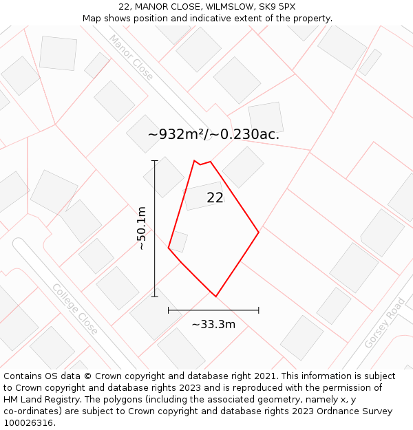 22, MANOR CLOSE, WILMSLOW, SK9 5PX: Plot and title map