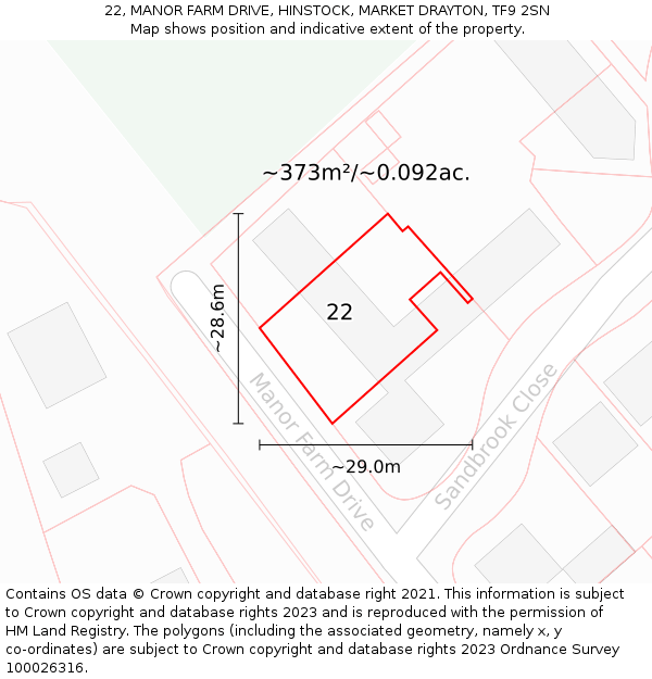 22, MANOR FARM DRIVE, HINSTOCK, MARKET DRAYTON, TF9 2SN: Plot and title map
