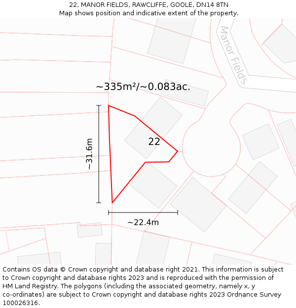 22, MANOR FIELDS, RAWCLIFFE, GOOLE, DN14 8TN: Plot and title map