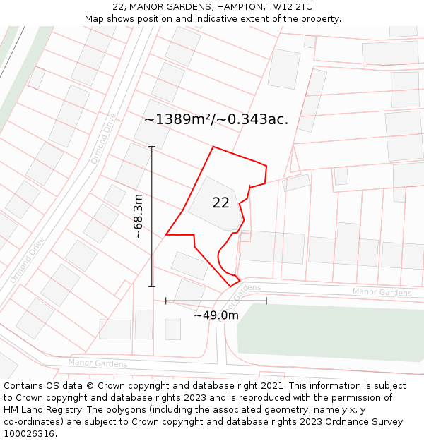 22, MANOR GARDENS, HAMPTON, TW12 2TU: Plot and title map