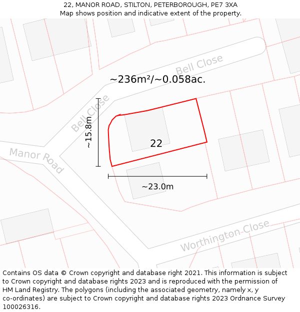 22, MANOR ROAD, STILTON, PETERBOROUGH, PE7 3XA: Plot and title map
