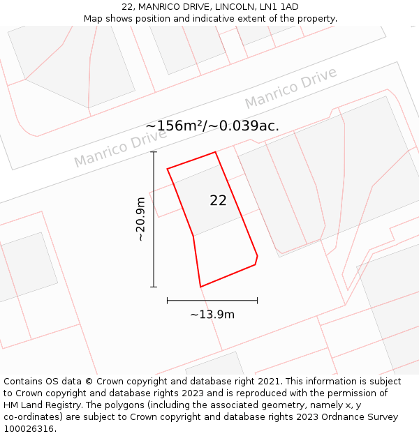 22, MANRICO DRIVE, LINCOLN, LN1 1AD: Plot and title map