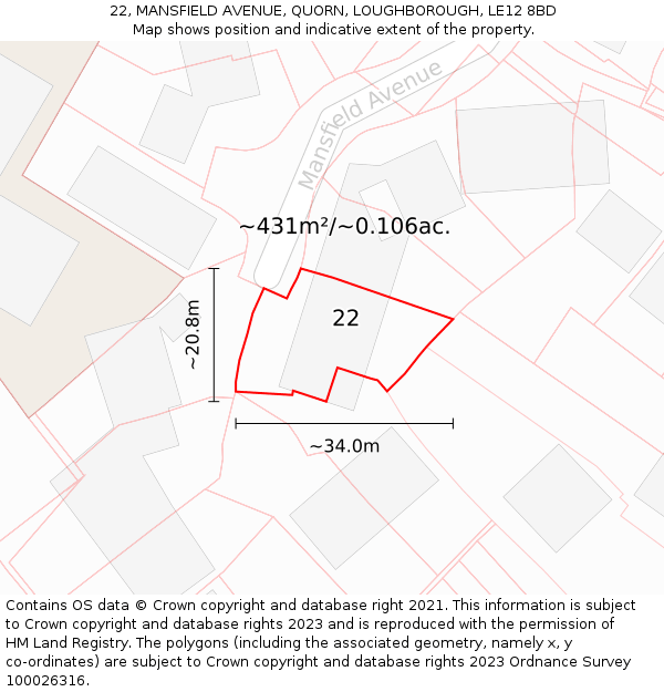 22, MANSFIELD AVENUE, QUORN, LOUGHBOROUGH, LE12 8BD: Plot and title map