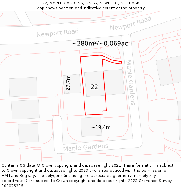 22, MAPLE GARDENS, RISCA, NEWPORT, NP11 6AR: Plot and title map