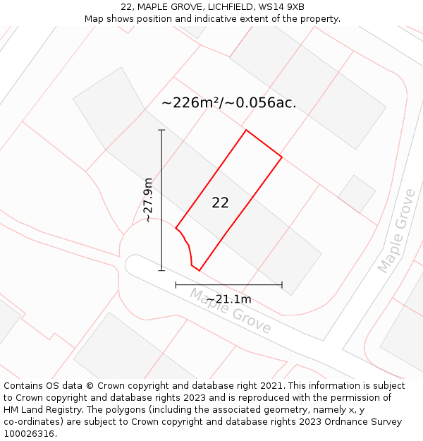22, MAPLE GROVE, LICHFIELD, WS14 9XB: Plot and title map