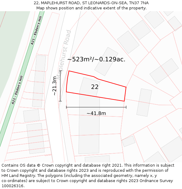 22, MAPLEHURST ROAD, ST LEONARDS-ON-SEA, TN37 7NA: Plot and title map