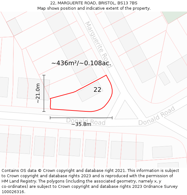 22, MARGUERITE ROAD, BRISTOL, BS13 7BS: Plot and title map