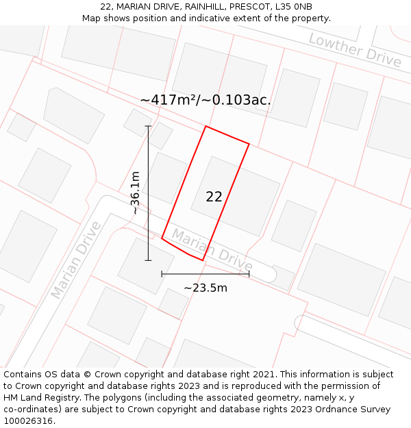 22, MARIAN DRIVE, RAINHILL, PRESCOT, L35 0NB: Plot and title map