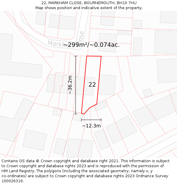 22, MARKHAM CLOSE, BOURNEMOUTH, BH10 7HU: Plot and title map