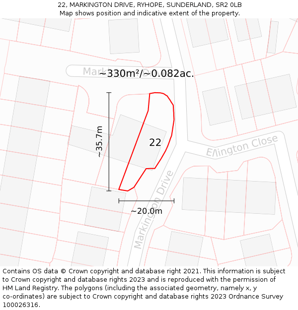 22, MARKINGTON DRIVE, RYHOPE, SUNDERLAND, SR2 0LB: Plot and title map