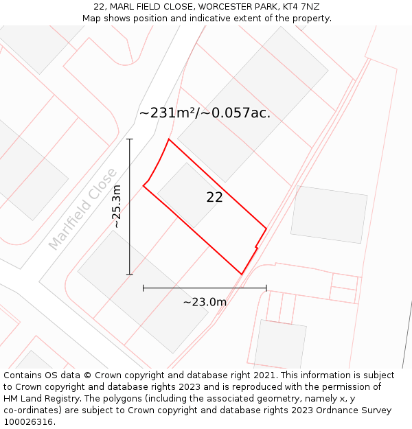 22, MARL FIELD CLOSE, WORCESTER PARK, KT4 7NZ: Plot and title map