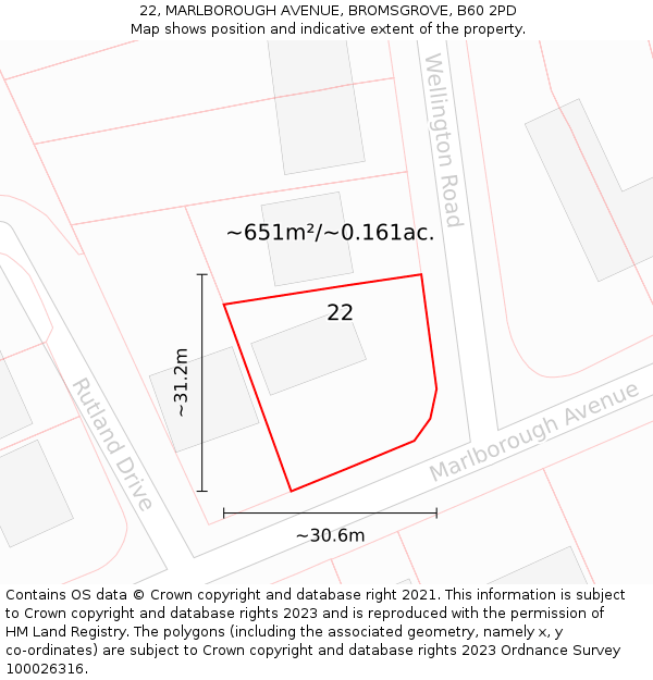 22, MARLBOROUGH AVENUE, BROMSGROVE, B60 2PD: Plot and title map