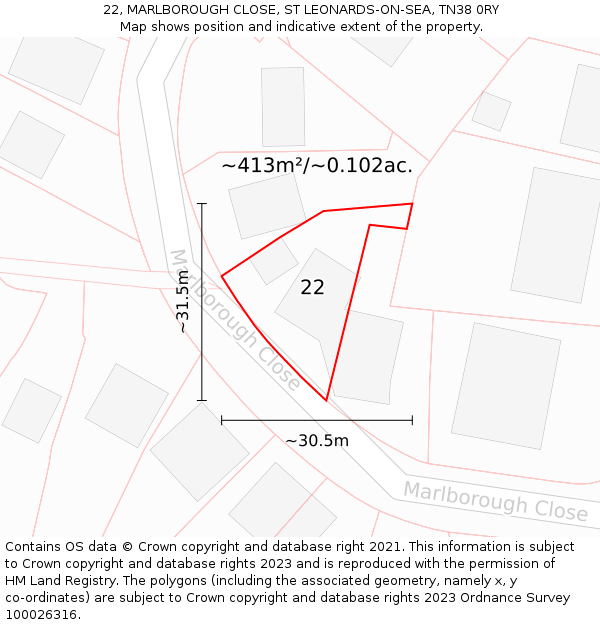22, MARLBOROUGH CLOSE, ST LEONARDS-ON-SEA, TN38 0RY: Plot and title map