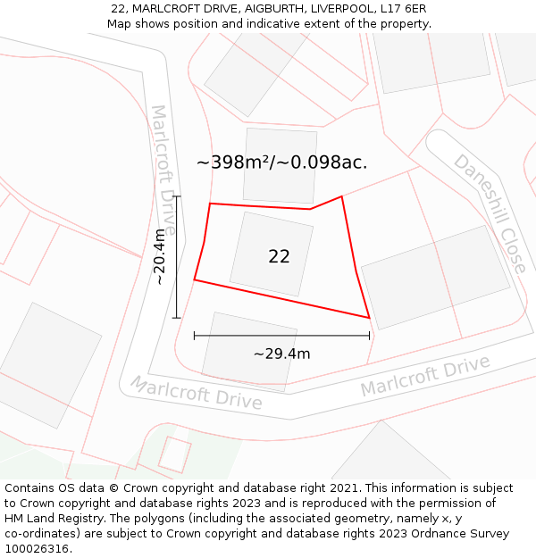 22, MARLCROFT DRIVE, AIGBURTH, LIVERPOOL, L17 6ER: Plot and title map