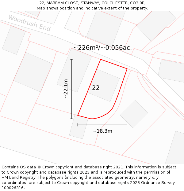 22, MARRAM CLOSE, STANWAY, COLCHESTER, CO3 0PJ: Plot and title map