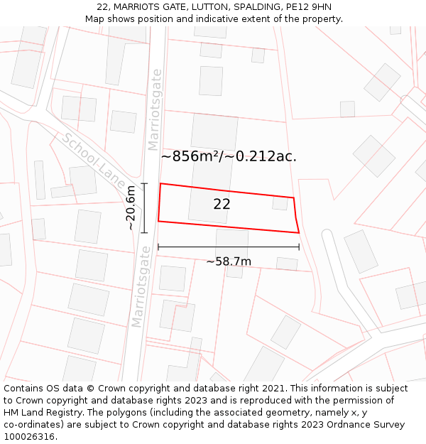 22, MARRIOTS GATE, LUTTON, SPALDING, PE12 9HN: Plot and title map