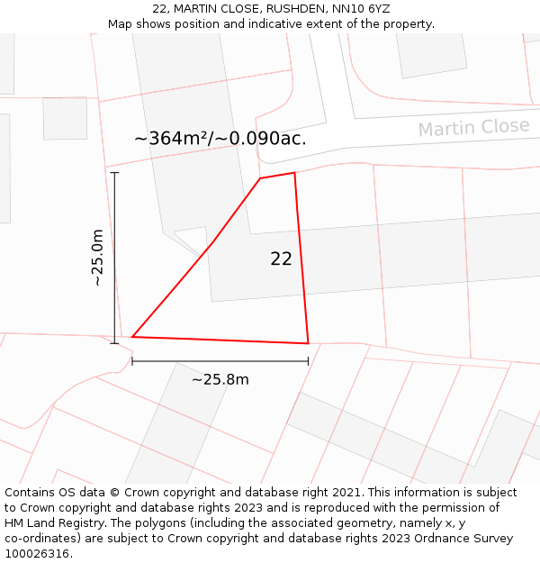 22, MARTIN CLOSE, RUSHDEN, NN10 6YZ: Plot and title map