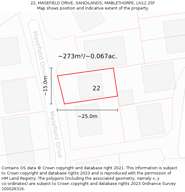 22, MASEFIELD DRIVE, SANDILANDS, MABLETHORPE, LN12 2SF: Plot and title map