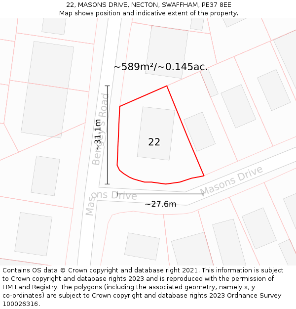 22, MASONS DRIVE, NECTON, SWAFFHAM, PE37 8EE: Plot and title map