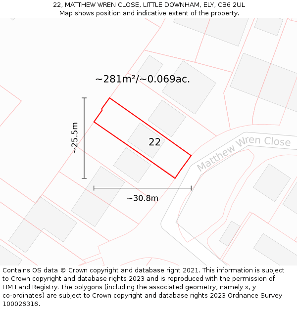 22, MATTHEW WREN CLOSE, LITTLE DOWNHAM, ELY, CB6 2UL: Plot and title map