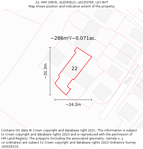 22, MAY DRIVE, GLENFIELD, LEICESTER, LE3 8HT: Plot and title map
