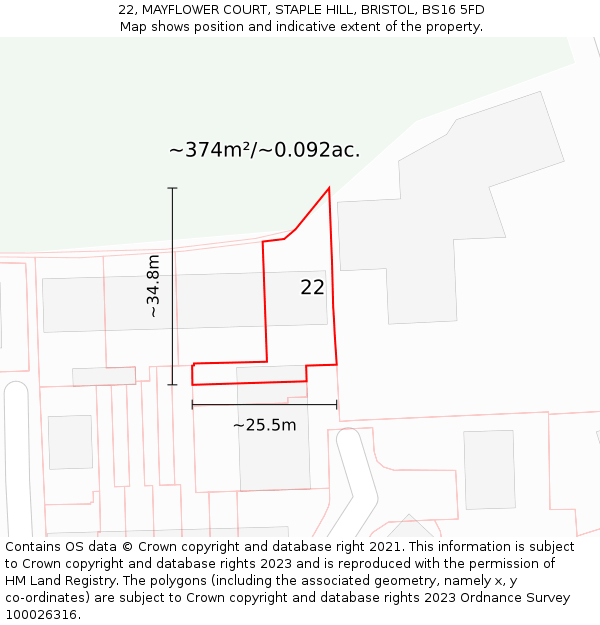 22, MAYFLOWER COURT, STAPLE HILL, BRISTOL, BS16 5FD: Plot and title map