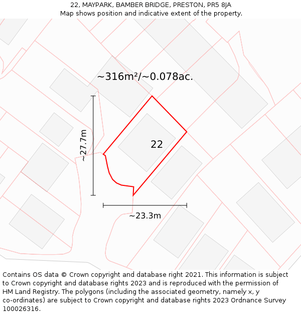 22, MAYPARK, BAMBER BRIDGE, PRESTON, PR5 8JA: Plot and title map