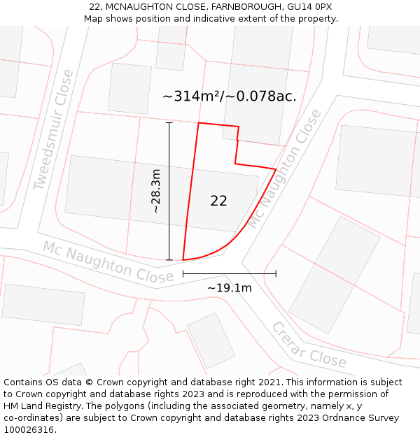 22, MCNAUGHTON CLOSE, FARNBOROUGH, GU14 0PX: Plot and title map