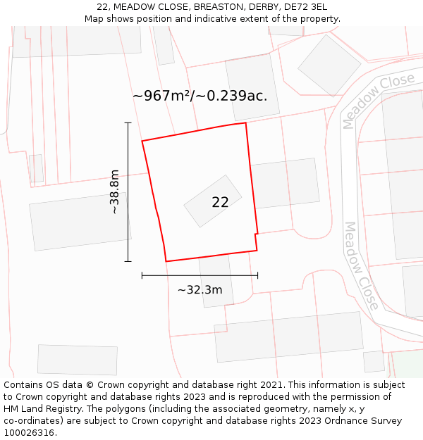22, MEADOW CLOSE, BREASTON, DERBY, DE72 3EL: Plot and title map