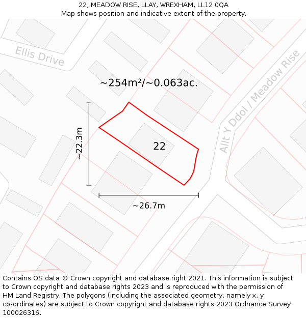 22, MEADOW RISE, LLAY, WREXHAM, LL12 0QA: Plot and title map