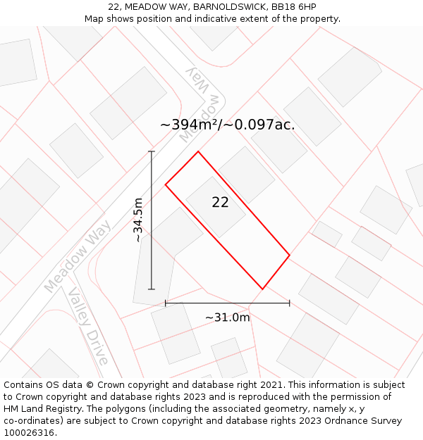 22, MEADOW WAY, BARNOLDSWICK, BB18 6HP: Plot and title map